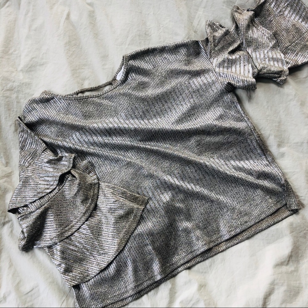 Metallic Ruffle Sleeve Blouse